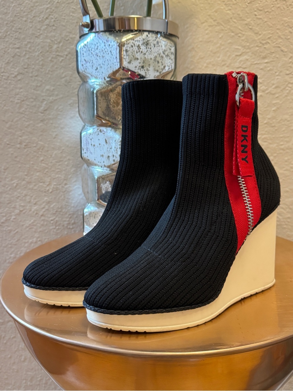 DKNY Warbi Black Knit Wedge Ankle Boots with Red Zip Accent